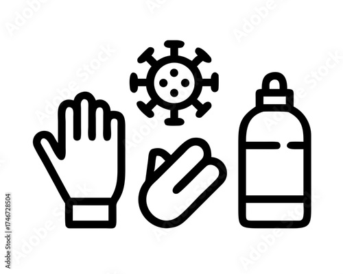 Hygiene and protection icons with gloves and sanitizer