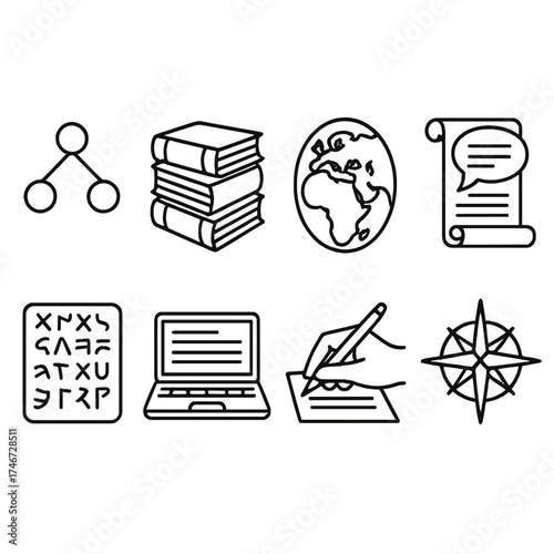 Linguistic Icons Matrix. Linguist outline set. grammar tree, dictionary stack, linguistic map, speech scroll, ancient script, laptop with text, writing hand, compass rose.