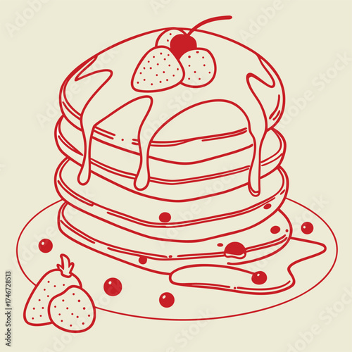 Vector art of stack of pancakes with syrup and strawberries