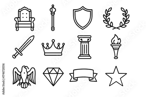 Royal Icon Set. Royal robe outline set. throne, scepter, shield, laurel wreath, sword, crown, column, torch, eagle, gem, banner, star.