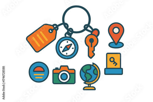 Travel Themed Keyring Icons. Travel keyring flat icon set. luggage tag, compass, airplane charm, map marker, hotel keycard, passport stamp, camera, globe.