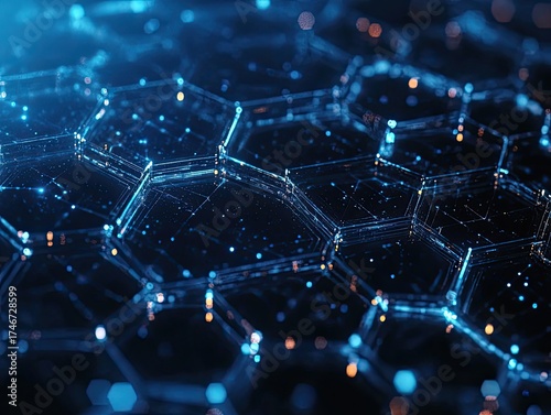A close-up of the hexagonal structure in carbon life, with each honeycomb cell clearly visible and connected by transparent data points representing energy flow.