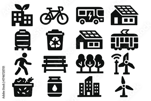 Urban Eco Icons. Urban Sustainability silhouette set. eco building, bicycle, electric bus, green roof, water tank, recycling bin, solar panel roof, tram, pedestrian, park bench