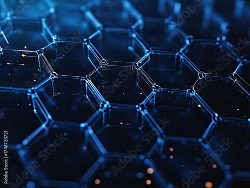 A close-up of the hexagonal structure in carbon life, with each honeycomb cell clearly visible and connected by transparent data points representing energy flow.