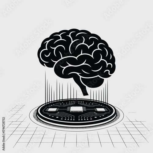 Futuristic brain hologram projecting from technology platform