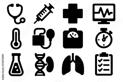 Brutalist Medical Icons. Medical Calibration silhouette set. stethoscope, syringe, hospital cross, diagnostic chart, thermometer, blood pressure cuff, scale, stopwatch, test tube