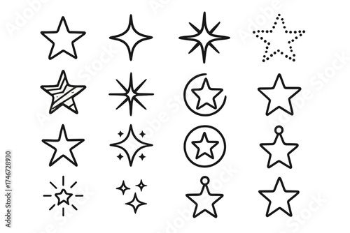 Star Icon Collection. Star outline icons. single star, glowing star, radiant star, dotted star, striped star, starburst, spiral star, heart star, abstract star, decorative star