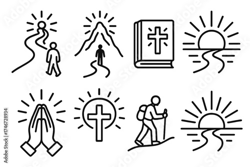 Sacred Journey Icons. Sacred path outline set. glowing trail, mountain with light, person walking path, holy book, sunrise aura, halo cross, prayer hands, radiant horizon.