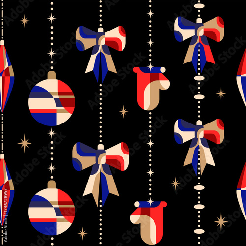 Christmas seamless pattern in a modern geometric style with festive elements on a black background. Perfect for wrapping paper, greeting cards, fabric packaging, and digital backgrounds. Vector