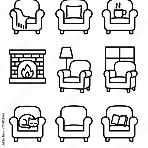 Cozy Chair Icons. Cozy settings outline set. chair with blanket, chair with pillow, chair with tea cup, chair by fireplace, chair with lamp, chair by window, chair with pet, chair