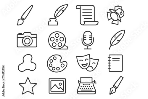 Artistic Resume Icons. Creative Resume outline set. paintbrush, quill, scroll, stage spotlight, camera, film reel, microphone, feather, abstract shape, palette, theater mask