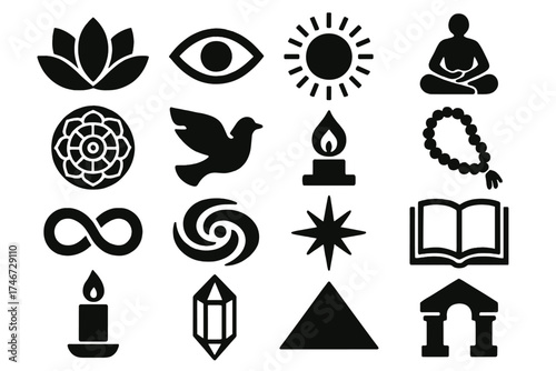 Spiritual Icon Set. Spiritual Rebirth silhouette set. lotus flower, third eye, radiant aura, meditating figure, mandala, dove, sacred flame, prayer beads, infinity loop, cosmic