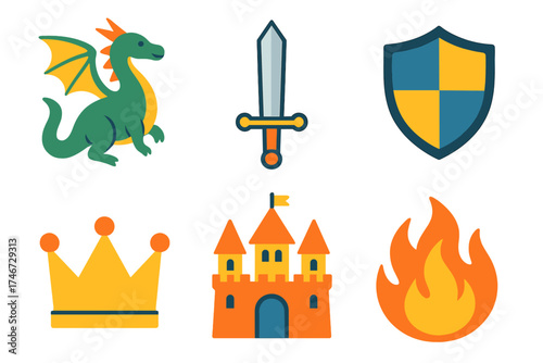 Mythical Icons Collection. Mythical legend flat icon set. dragon, sword, shield, crown, castle, fire.