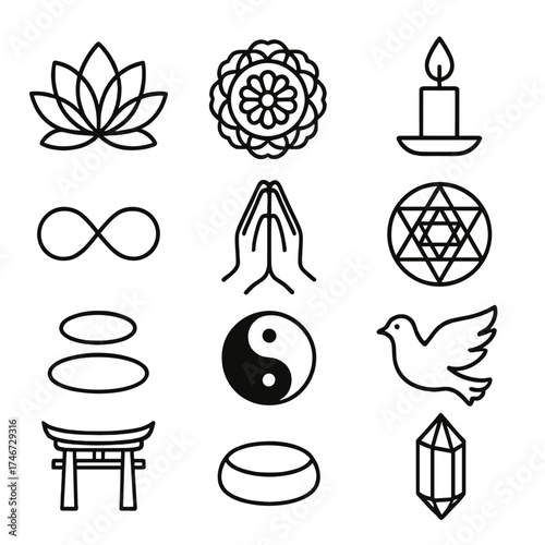Spiritual Symbol Icons. Spiritual purpose outline set. lotus flower, mandala, prayer hands, candle, infinity loop, yin yang, sacred geometry, dove, halo, temple gate, meditation