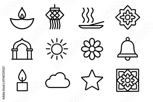 Cultural Icon Collage. Cultural lights outline set. diya lamp, paper lantern, incense, rangoli, temple arch, sun, flower, bell, candle flame, cloud, star, pattern.