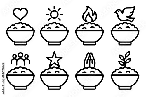 Symbolic Rice Icons. Symbolic rice outline set. rice bowl with heart, rice bowl with sun, rice bowl with flame, rice bowl with dove, rice bowl with unity circle, rice bowl with