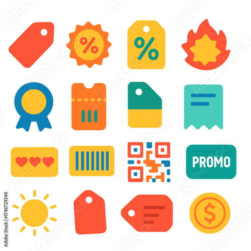 Colorful Deal Icons. Deal symbols flat icon set. sale tag, discount badge, percentage tag, clearance tag, hot deal starburst, ribbon badge, coupon ticket, barcode, QR code, receipt