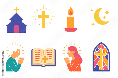 Vibrant Midnight Worship. Midnight mass flat icon set. church silhouette, glowing cross, lit candle, open bible, moon and stars, people praying, stained glass window, radiant aura.
