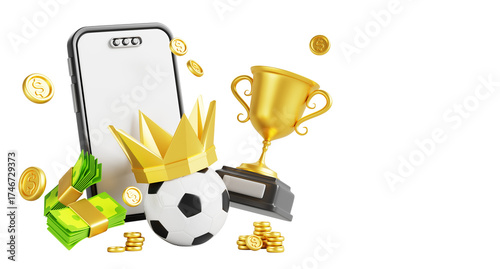 Online sport betting in mobile app background. Render empty smartphone, soccer ball with gold crown, championship cup with flying coins and paper money. Internet bet, win in bookmaker