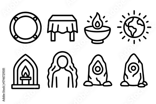 Sacred Ritual Space. Spiritual ground outline set. sacred circle, altar with cloth, offering bowl, glowing symbol, radiant earth, holy shrine, aura field, ceremonial stone.