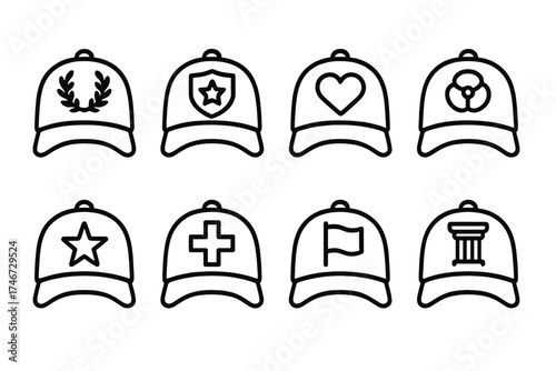 Honor Caps Collection. Symbolic caps outline set. cap of honor, cap of courage, cap of loyalty, cap of remembrance, cap of duty, cap of sacrifice, cap of pride, cap of legacy.