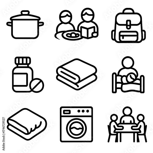 Daily Care Icons. Daily care outline set. cooking pot, shared meal, bedtime story, school bag, medicine bottle, cozy blanket, washing clothes, family table.