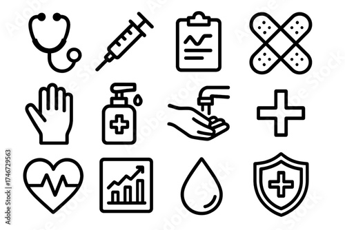 Medical Icons Collection. Medical handwashing outline set. stethoscope, syringe, clipboard, bandage, glove, sanitizer, faucet, cross symbol, heartbeat, chart, droplet, shield.