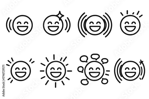 Echo Joy Icons. Happy echo outline set. giggling face, spreading sound, layered echoes, joyful sparkle, bouncing lines, glowing smile, fun chatter, echo burst.