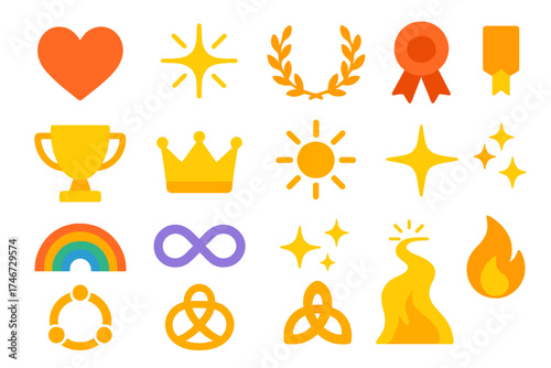 Vibrant Positive Symbols. Positive emotions flat icon set. heart, starburst, laurel wreath, ribbon, trophy, crown, radiant sun, guiding star, rainbow, infinity loop, sparkles