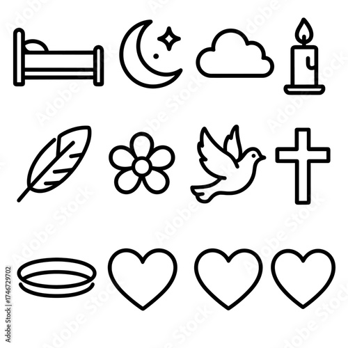 Heavenly Rest Icons. Eternal rest outline set. bed, pillow, moon, star, cloud, candle, feather, flower, dove, cross, halo, heart.