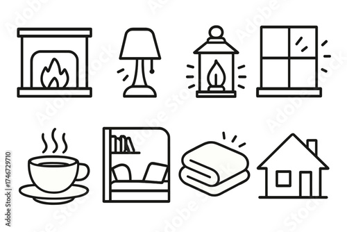 Cozy Home Icons. Calm spaces outline set. glowing fireplace, bedside lamp, garden lantern, window light, tea cup with glow, cozy nook, soft blanket glow, peaceful home.
