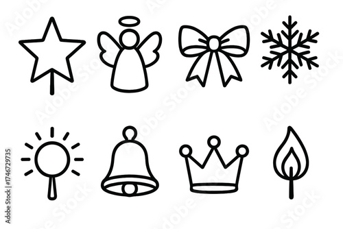 Festive Tree Toppers. Tree topper outline set. star ornament, angel figure, ribbon bow, snowflake design, glowing sphere, bell topper, crown shape, festive flame.