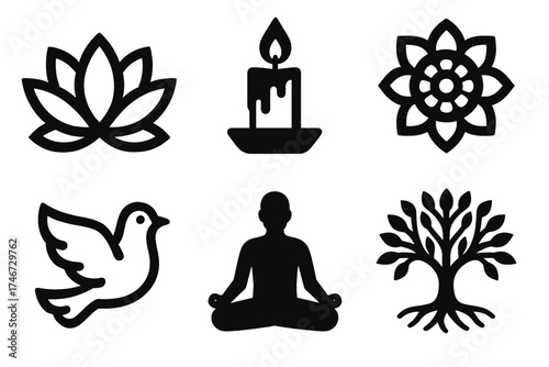 Spiritual Icon Set. Spiritual journey silhouette set. lotus, candle, mandala, dove, meditation pose, tree of life.