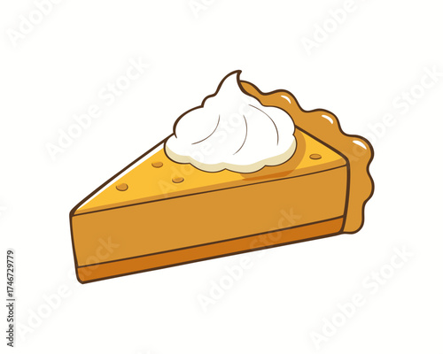 Pumpkin pie slice with whipped cream, holiday dessert, illustration isolated on white background