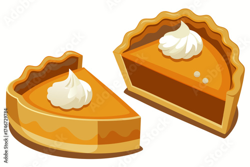 Pumpkin pie slice with whipped cream, holiday dessert, illustration isolated on white background