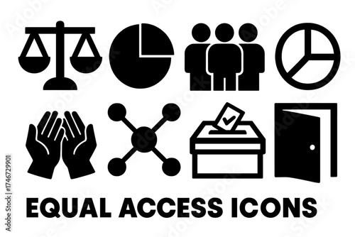 Brutalist Icon Set. Equal Access silhouette set. scales of balance, pie chart, group of people, divided circle, shared hands, network nodes, voting box, open door.