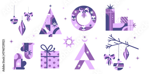 Modern Geometric Christmas Icons set with holiday elements in a flat, minimalist style. Ideal for holiday packaging, print, greeting cards, web design, and digital branding. Vector