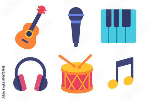 Vibrant Music Icons. Musical expression flat icon set. guitar, microphone, piano keys, drum, headphones, music note.