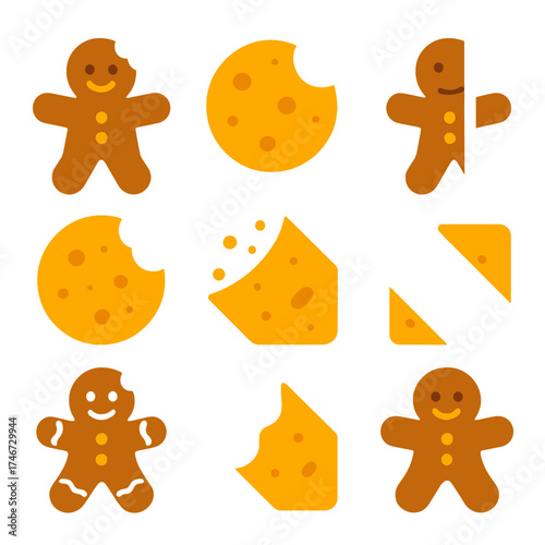 Cookie Bite Icons. Cookie nibble flat icon set. gingerbread man with chunk missing, bitten round cookie, half gingerbread shape, cookie with crumbs, iced cookie bite, cookie corner