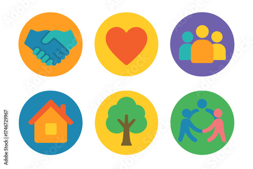 Community Symbols Display. Community circle flat icon set. handshake, heart, people group, home, tree, circle.