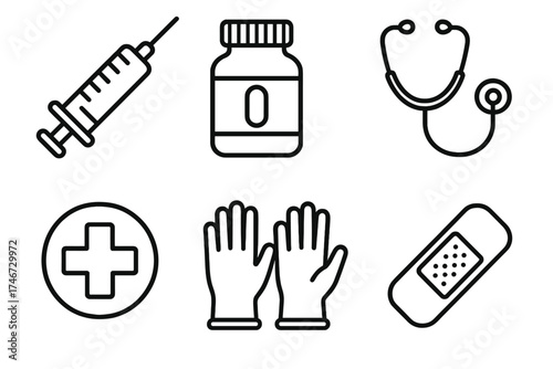 Medical Icons Collection. Medical procedure outline set. syringe, pill bottle, stethoscope, cross symbol, gloves, bandage.