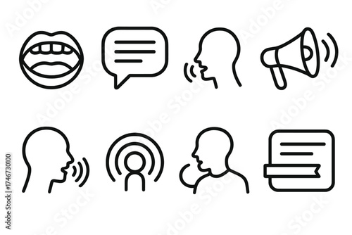 Word Iconography. Oral word outline set. open mouth icon, speech bubble with lines, megaphone, voice glow, sound ripple, person with speech, vocal echo, highlighted phrase.