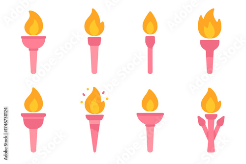 Vibrant Torch Icons. Event torches flat icon set. relay torch, parade torch, vigil torch, protest torch, victory torch, celebration torch, remembrance torch, community torch.