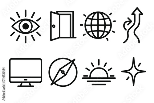 Futuristic Icon Collection. Forward look outline set. eye with rays, open door, glowing globe, path with arrows, digital screen, compass arrow, sunrise horizon, future spark.