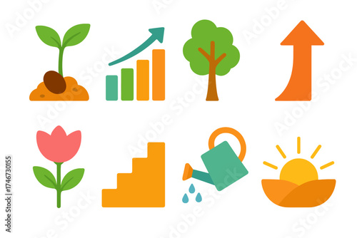 Icons of Growth. Growth flat icon set. sprouting seed, rising bar chart, expanding tree, upward arrow, blooming flower, staircase steps, watering can, sunrise.