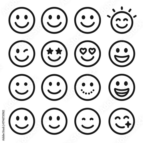 Variety of Smiles. Smile outline icons. happy face, wide smile, gentle smile, glowing smile, winking face, starry eyes, heart eyes, cheerful grin, radiant aura face, calm smile