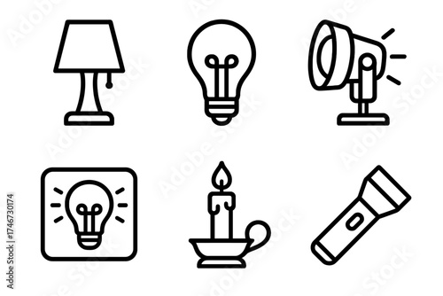 Everyday Light Icons. Everyday light outline set. lamp, bulb, spotlight, neon sign, candleholder, flashlight.