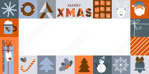 Geometric Xmas Frame with festive icons including snowflakes, trees, gifts, candy canes, hot chocolate, Santa, and reindeer for banners, prints, greeting cards, and packaging. Vector illustration