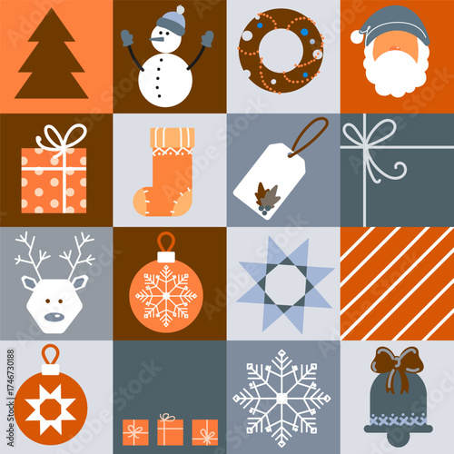 Modern Christmas Icon Grid Pattern with Gifts and Decorations. Seamless Festive Vector Pattern with Winter Holiday Symbols for packaging textiles gift wrap and web design.Vector illustration