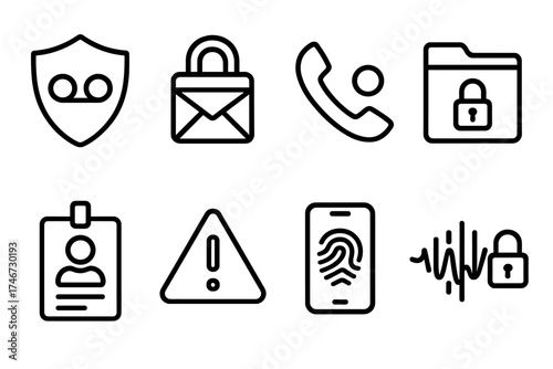 Security Icons Collection. Security voicemail outline set. shield with voicemail, lock with message, private call icon, secure folder, ID badge, alert symbol, fingerprint with